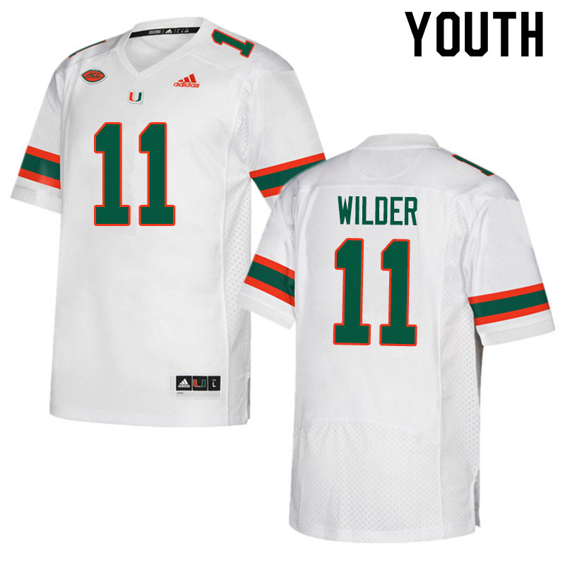 Adidas Miami Hurricanes Youth #11 De'Andre Wilder College Football Jerseys Sale-White - Click Image to Close